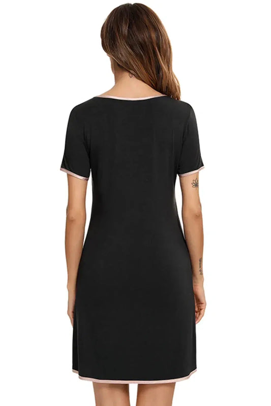 Contrast Trim Pocketed Round Neck Lounge Dress - Lustreve