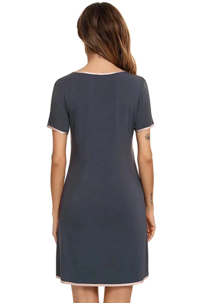 Contrast Trim Pocketed Round Neck Lounge Dress - Lustreve