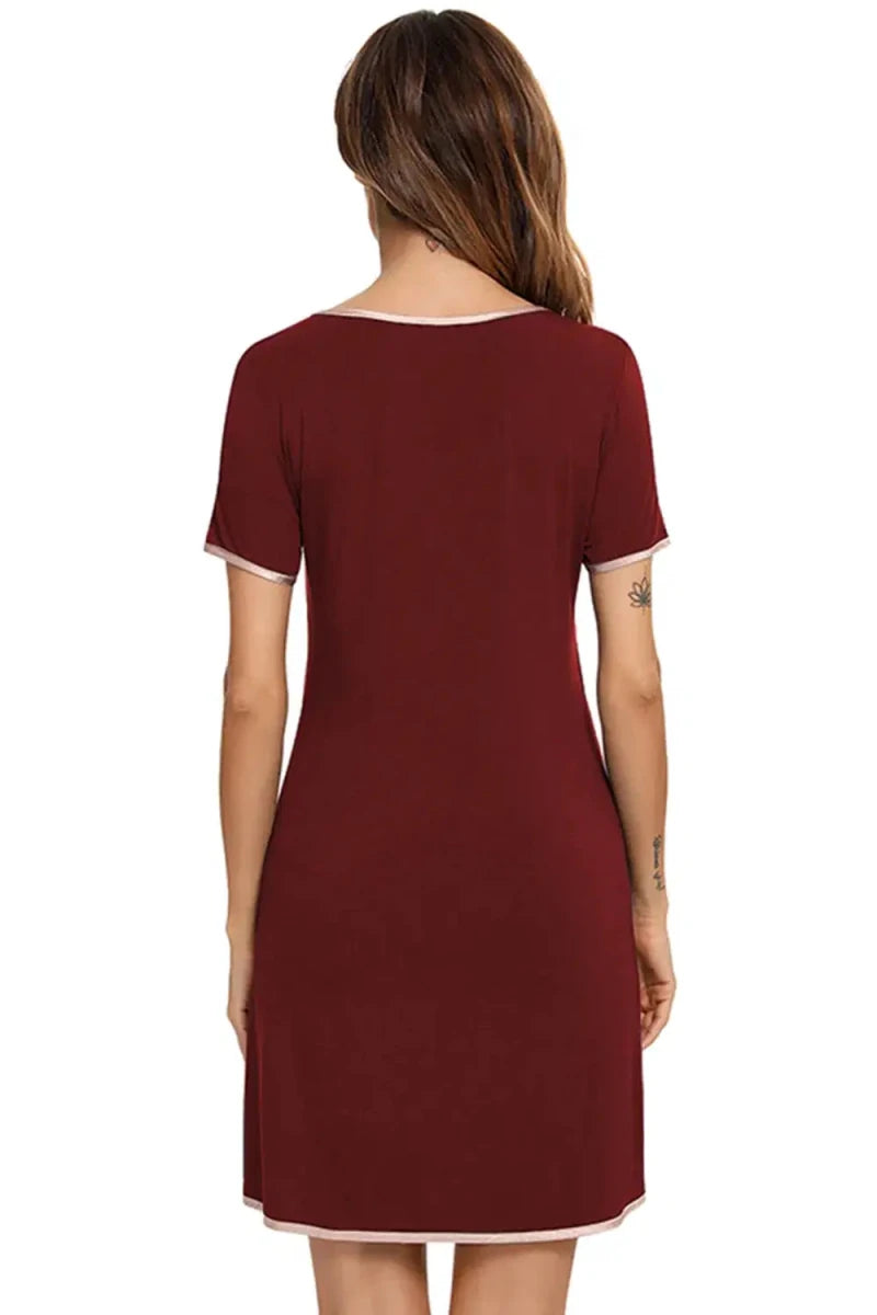 Contrast Trim Pocketed Round Neck Lounge Dress - Lustreve