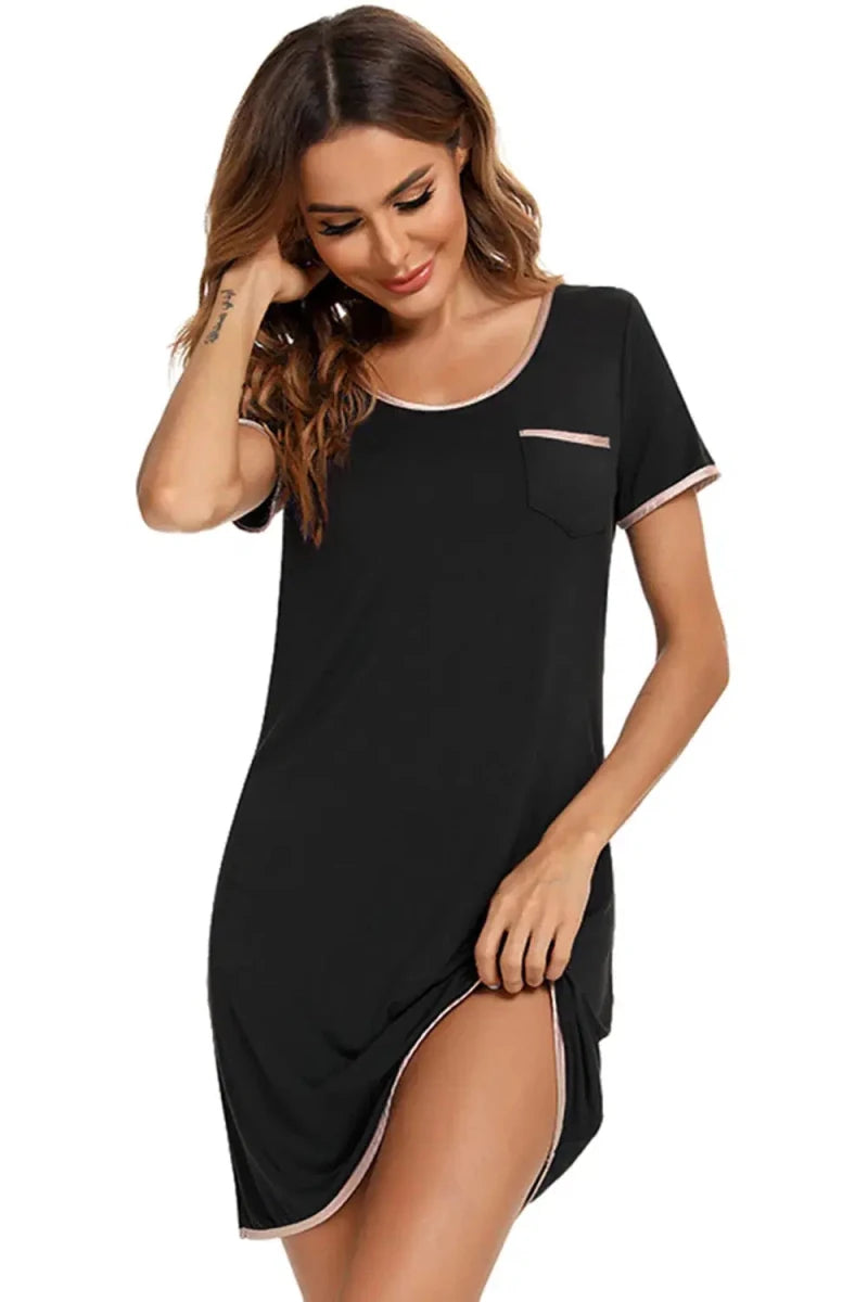 Contrast Trim Pocketed Round Neck Lounge Dress - Lustreve