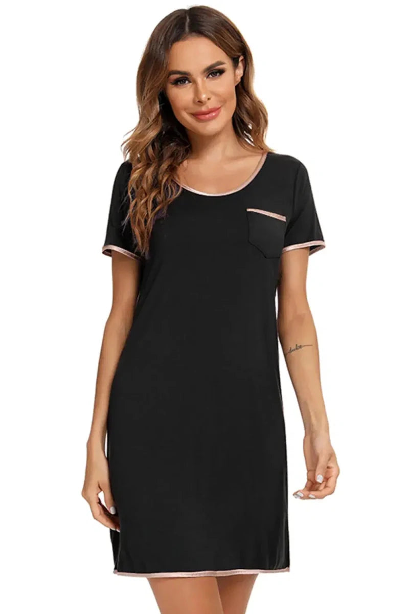 Contrast Trim Pocketed Round Neck Lounge Dress - Lustreve