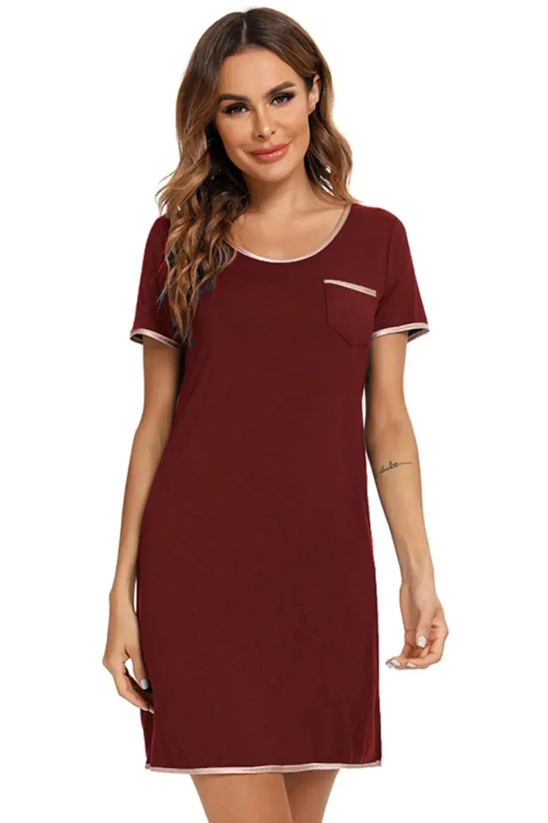 Contrast Trim Pocketed Round Neck Lounge Dress - Lustreve