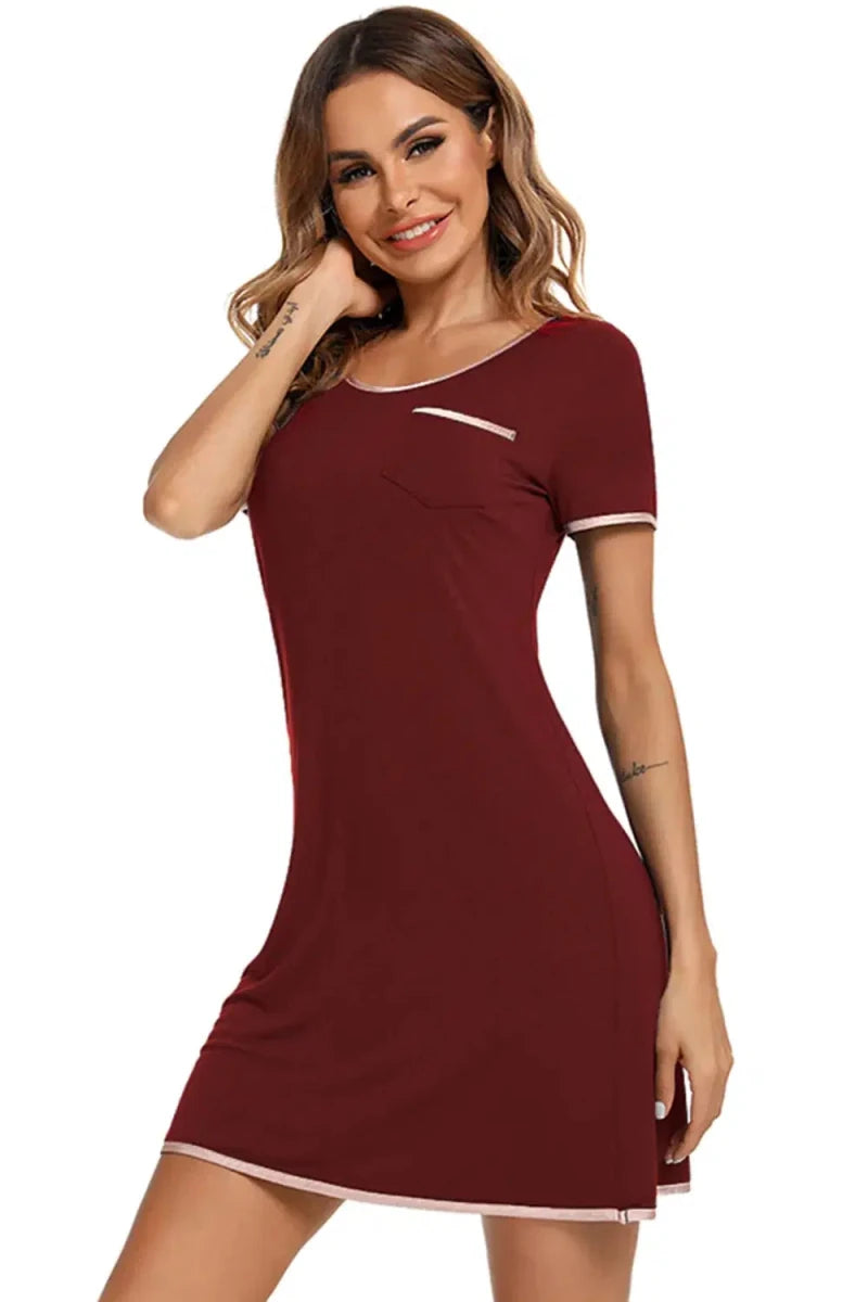 Contrast Trim Pocketed Round Neck Lounge Dress - Lustreve