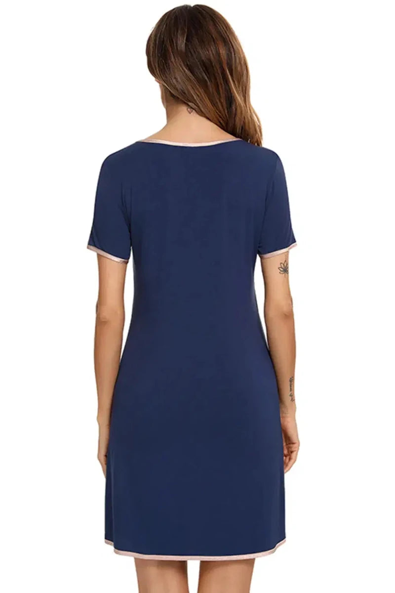 Contrast Trim Pocketed Round Neck Lounge Dress - Lustreve