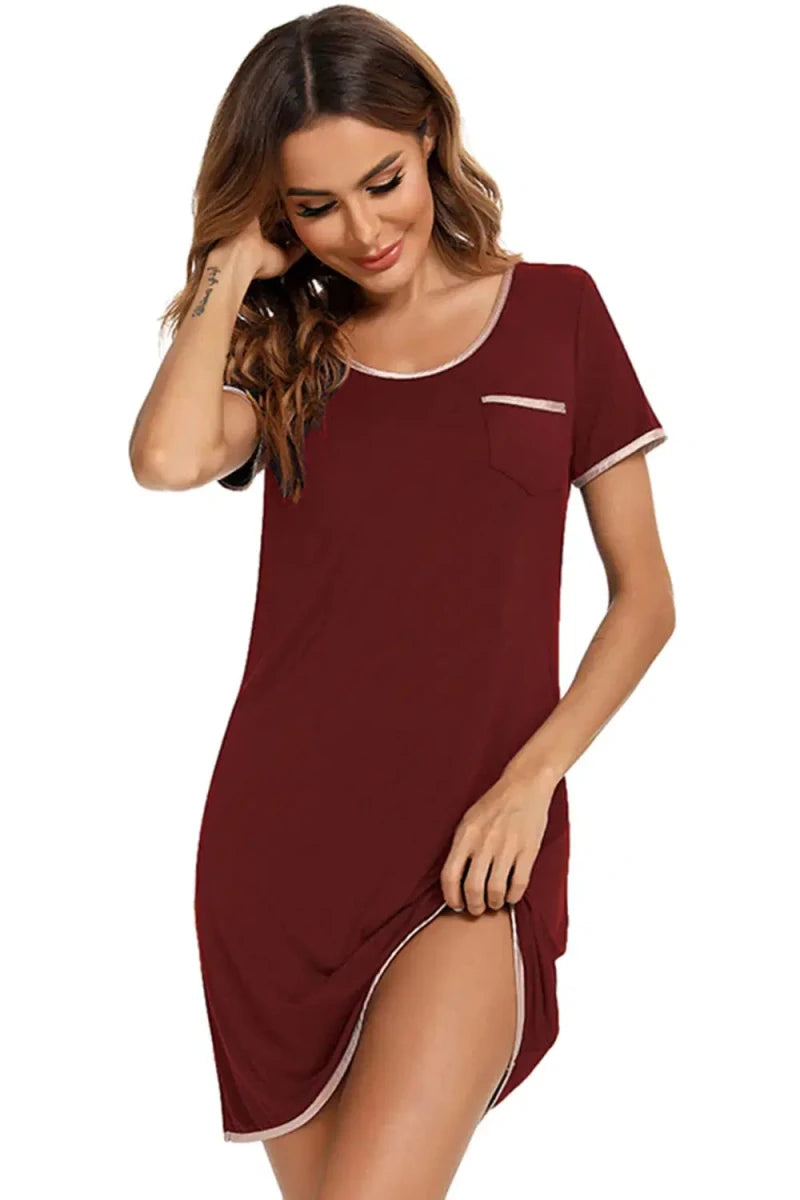Contrast Trim Pocketed Round Neck Lounge Dress - Lustreve