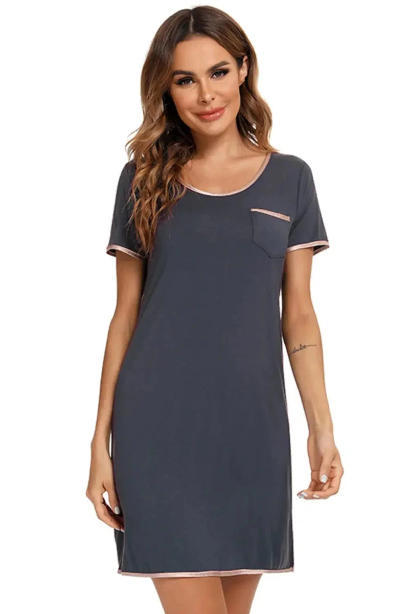 Contrast Trim Pocketed Round Neck Lounge Dress - Lustreve