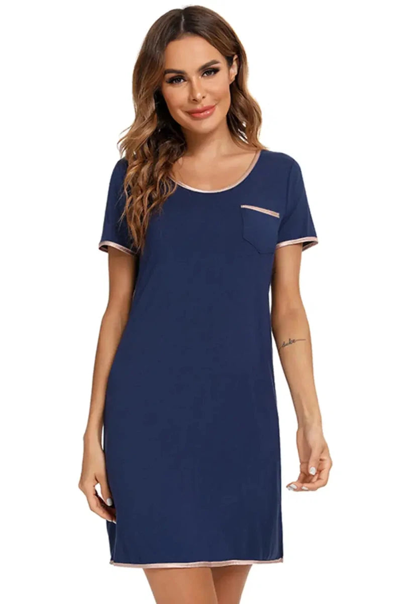 Contrast Trim Pocketed Round Neck Lounge Dress - Lustreve