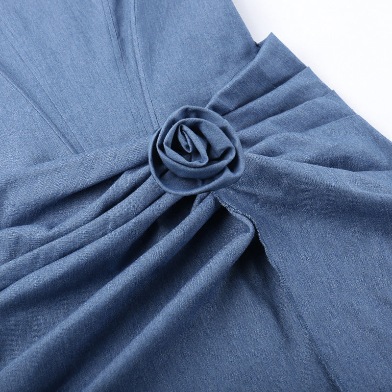 Blooming Elegance Floral Denim Midi Dress