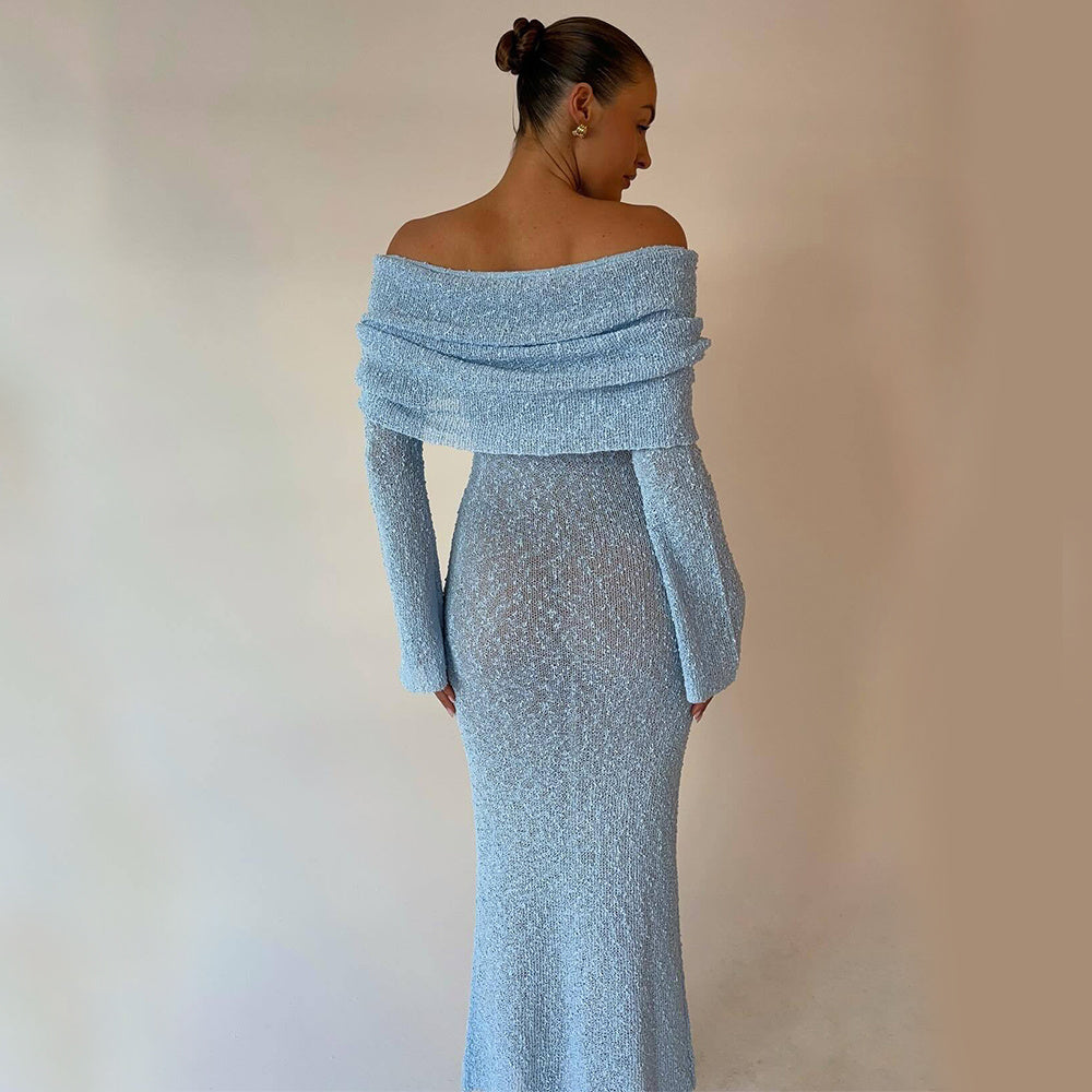 One-Shoulder Knitted Maxi Dress -Chic Long-Sleeve Beach Holiday Dress