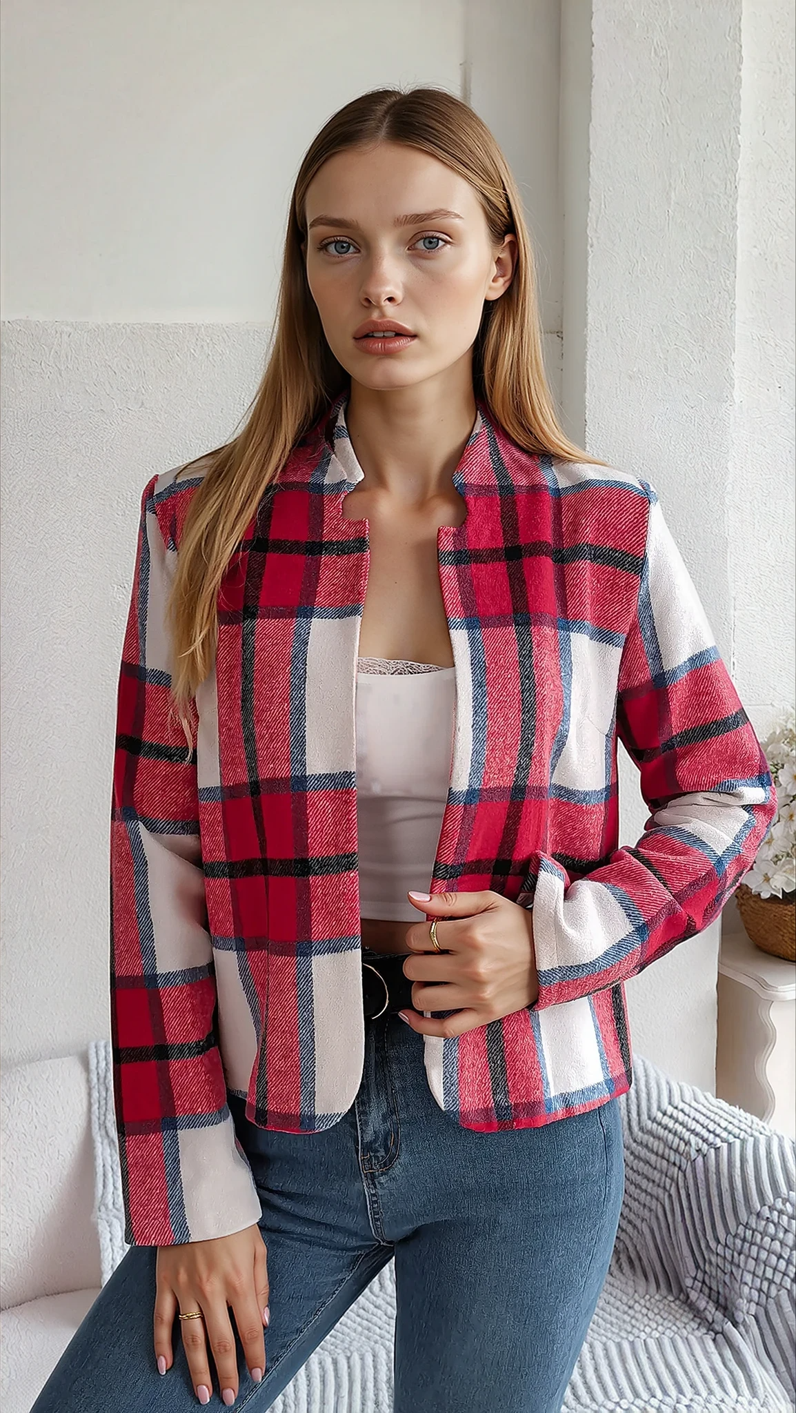 Chic Elegant Plaid Long Sleeve Coat