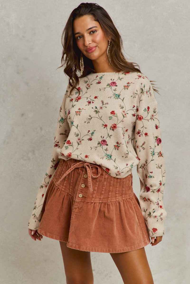 SO ME Mineral Wash Pintucked Corduroy Mini Flared Skirt