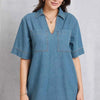 Pocketed Collared Neck Mini Denim Dress