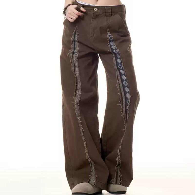 Brown Bohemian Wide-Leg Patchwork Trousers