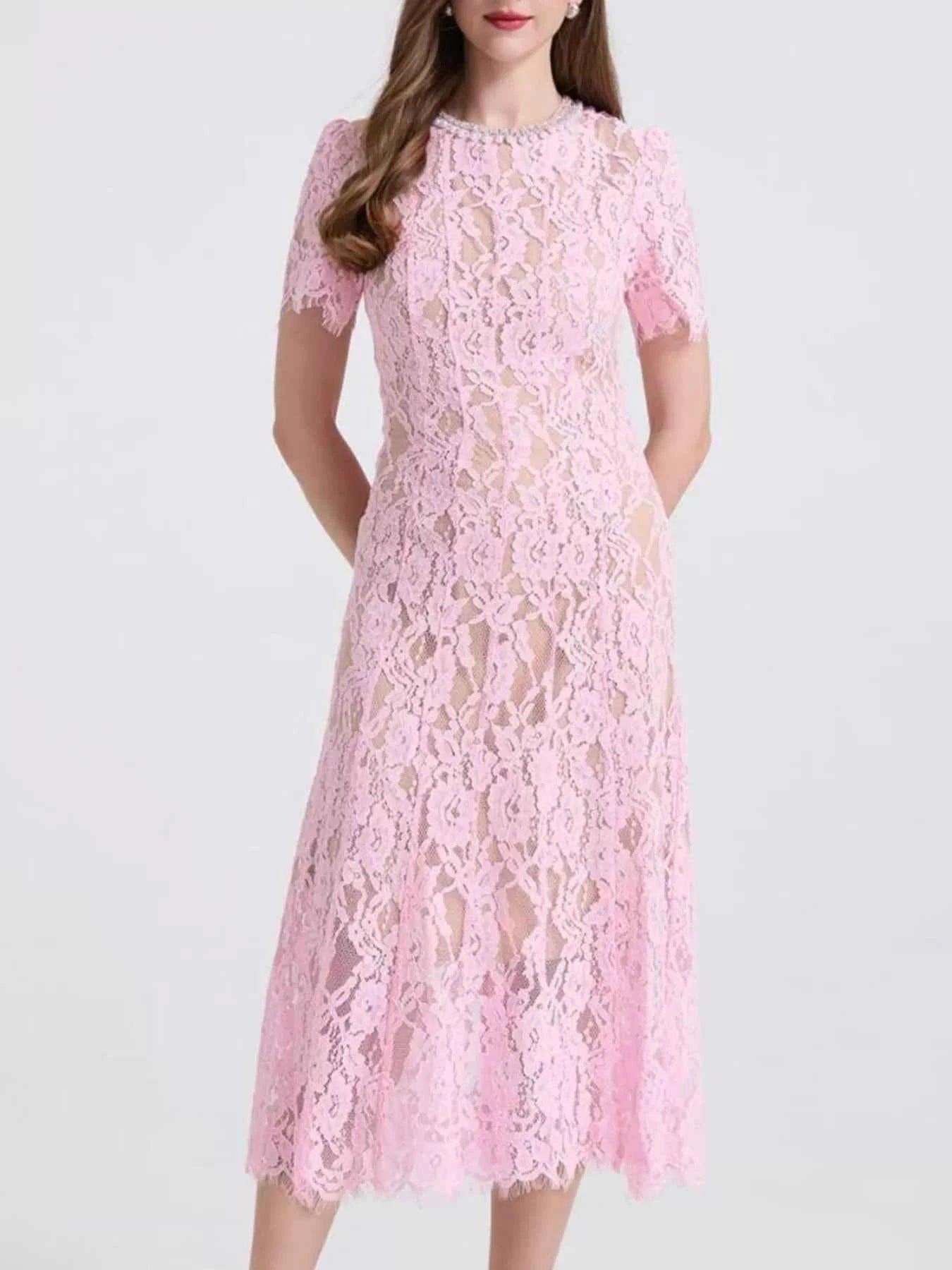 Lace Pearl Neckline Midi Dress