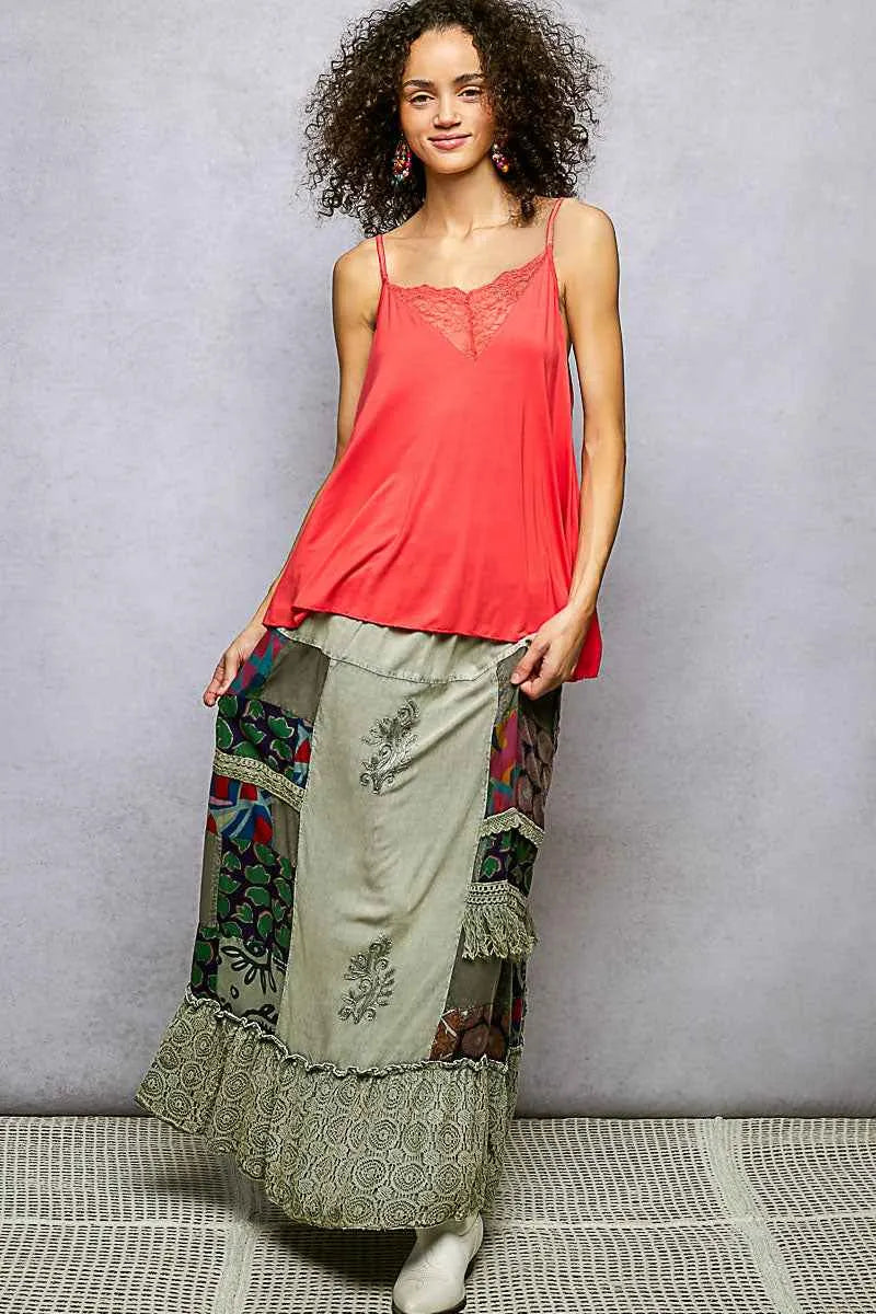 POL Printed Patchwork Embroidered Ruffled Skirt