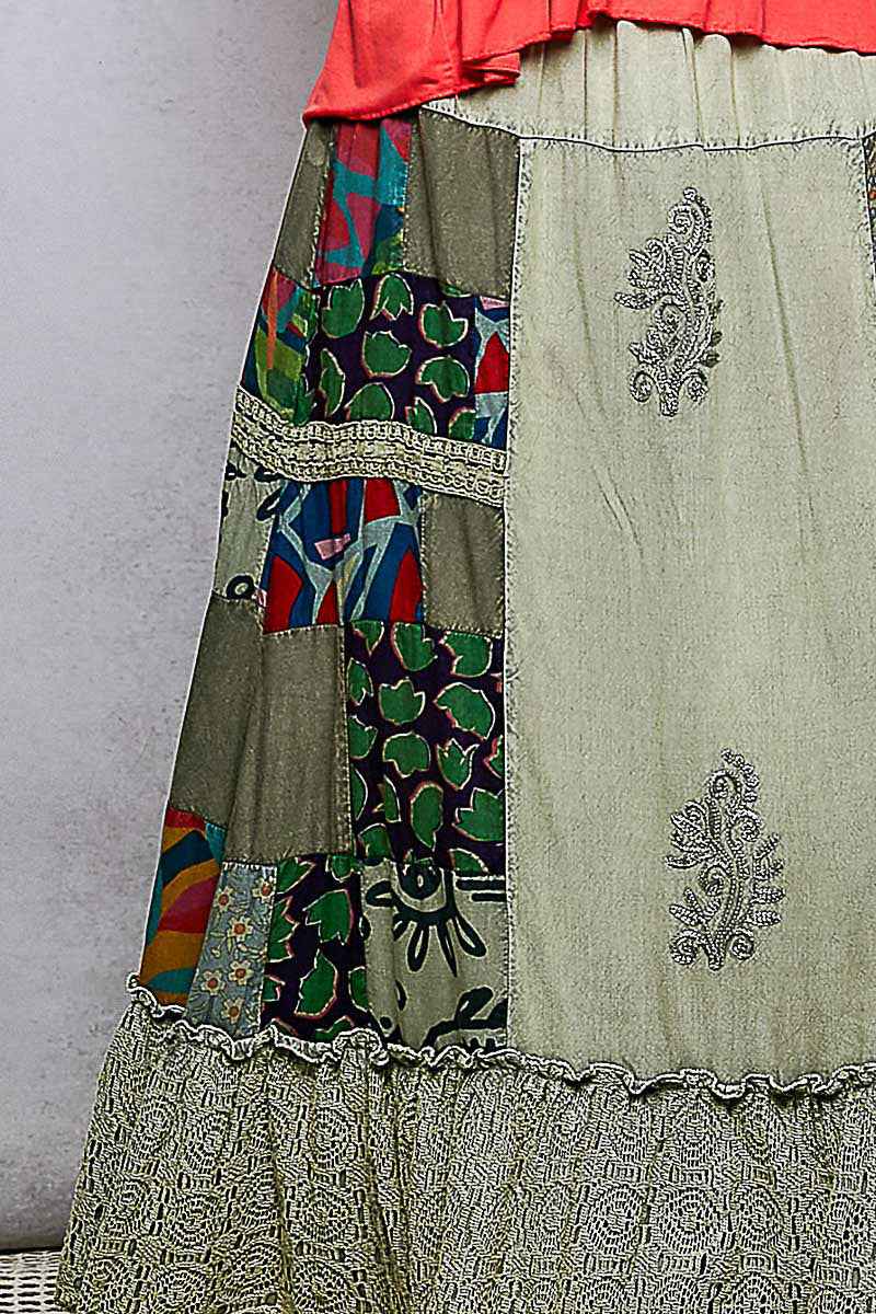 POL Printed Patchwork Embroidered Ruffled Skirt