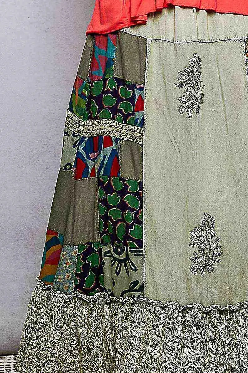 POL Printed Patchwork Embroidered Ruffled Skirt