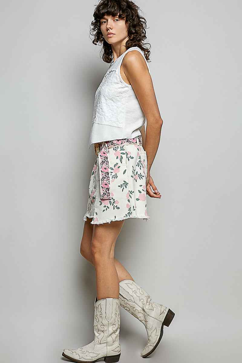POL Raw Hem Floral Skirt with Pockets