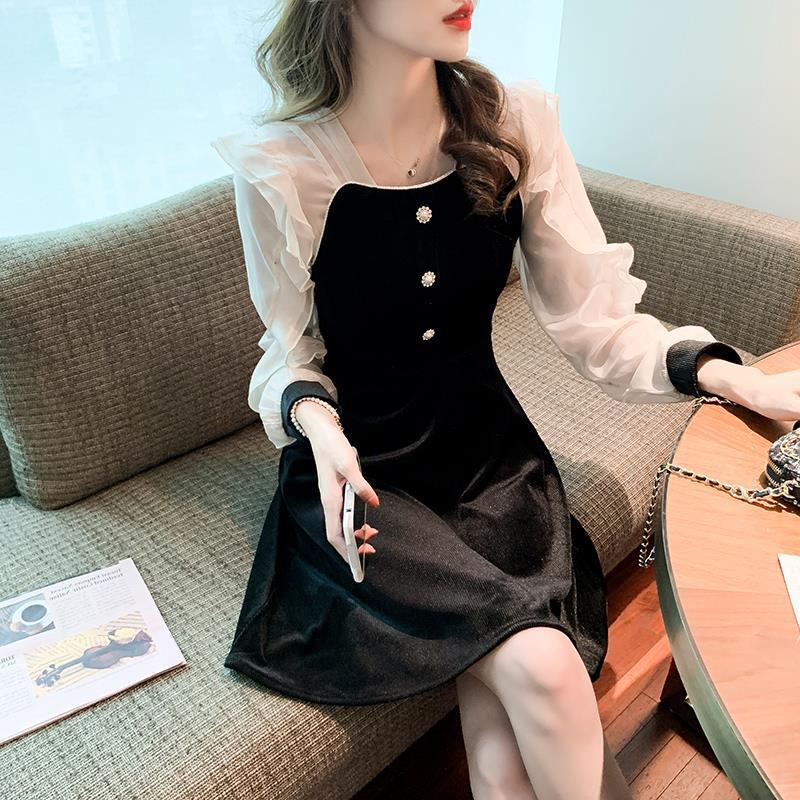 Chiffon Panel Velvet Elegance Dress