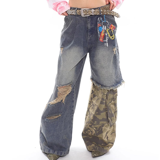 Urban Rebel Patchwork Distressed Wide-Leg Jeans