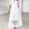 Eyelet Lace V-Neck Midi Dress with Puff Sleeves