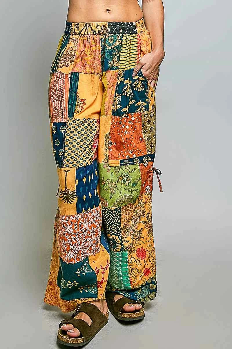 POL Printed Patchwork Wide Leg Pants with Adjustable Side Drawstring
