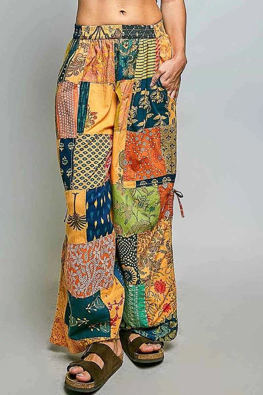 POL Printed Patchwork Wide Leg Pants with Adjustable Side Drawstring