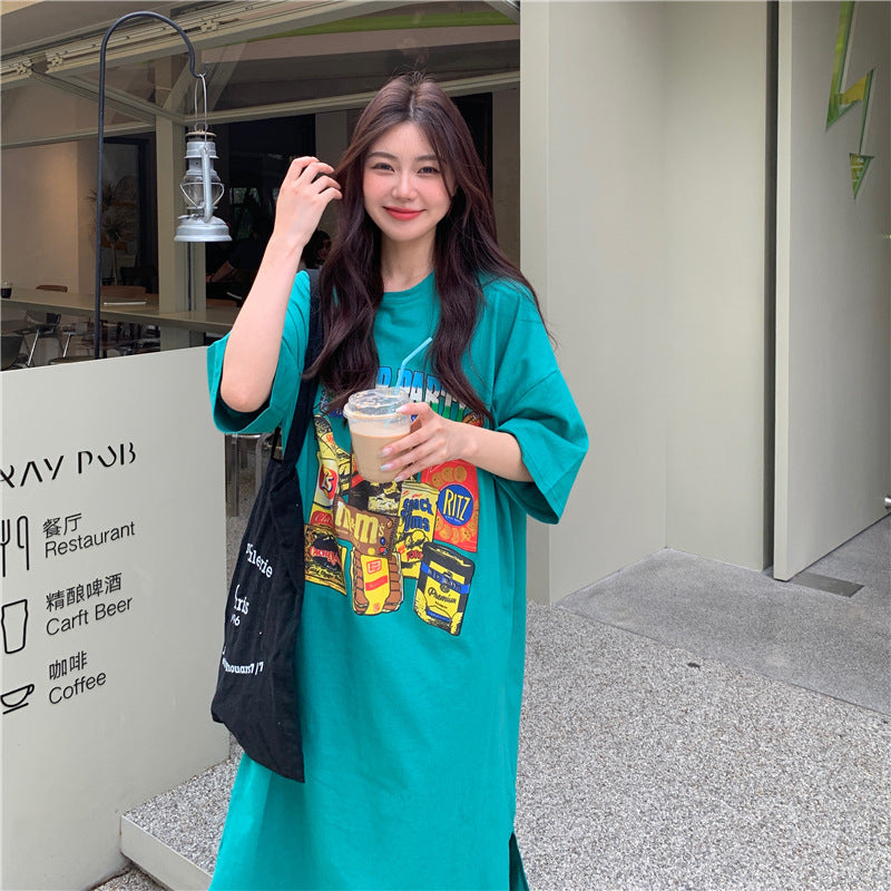 T-Shirt-Kleid mit Taschenkragen, Print und Schlitz