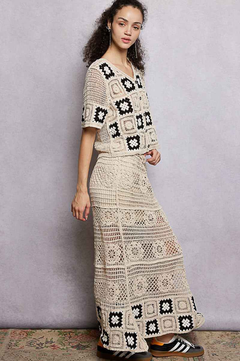 POL Floral Crochet Ruffled Waistband Maxi Skirt with Granny Square Weave