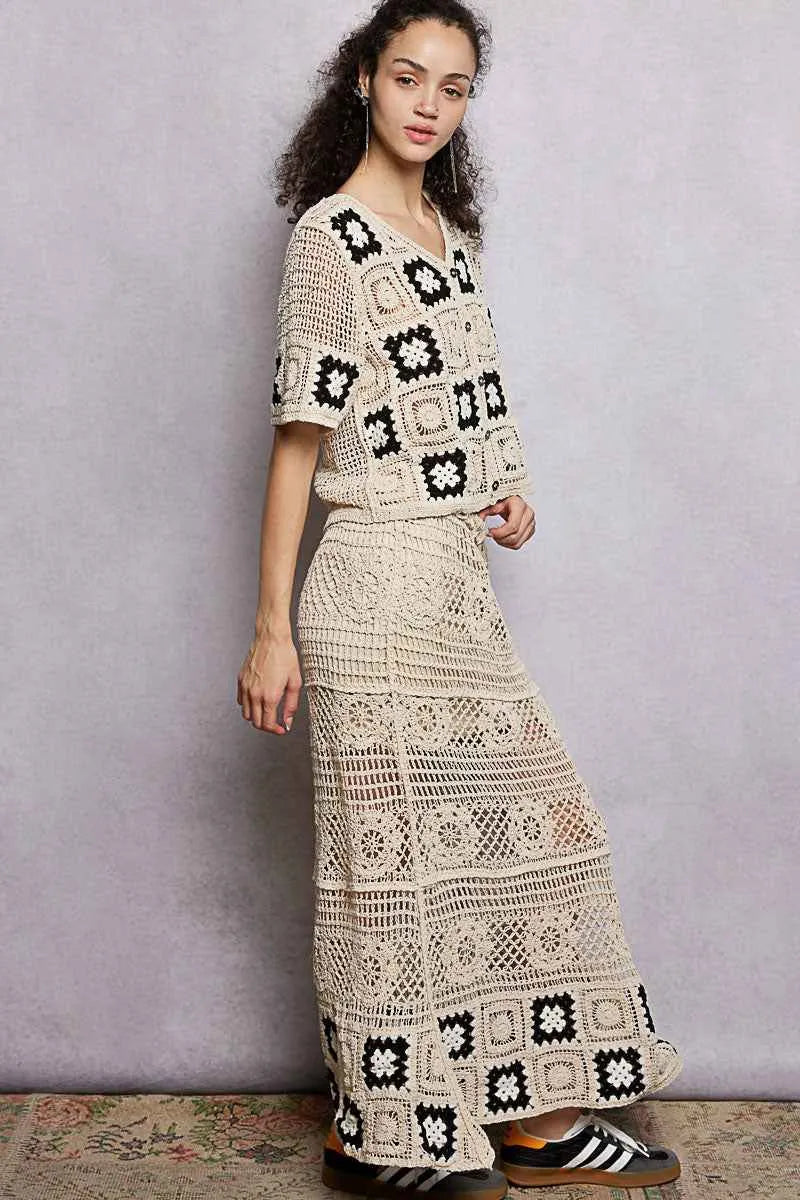 POL Floral Crochet Ruffled Waistband Maxi Skirt with Granny Square Weave
