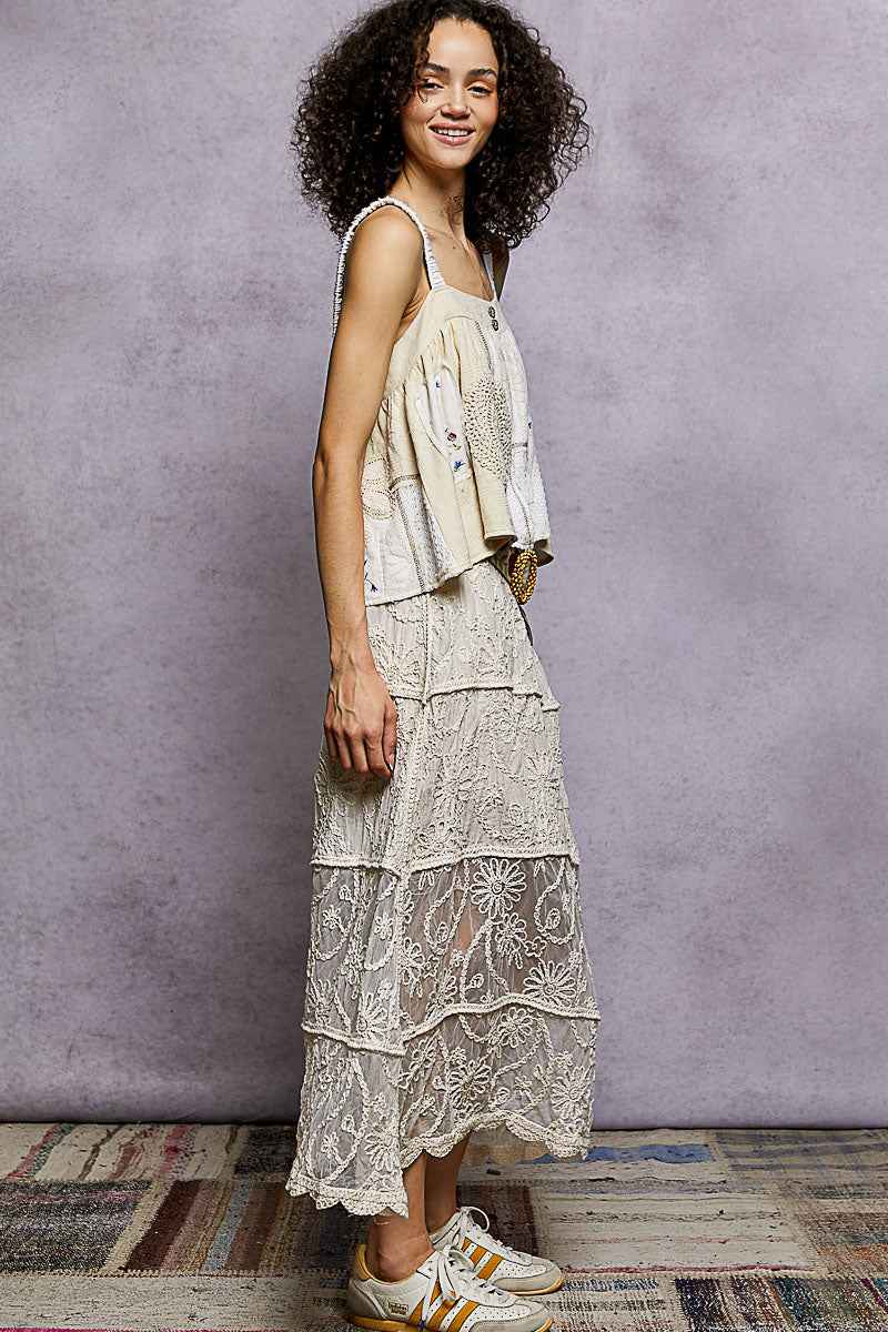 POL Floral Embroidered Tiered Crochet Skirt