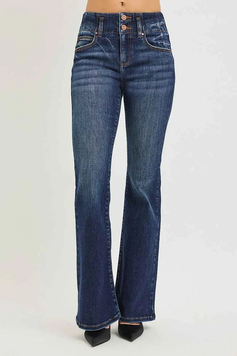 RISEN High Rise Flare Jeans With Seam Detail Waistband