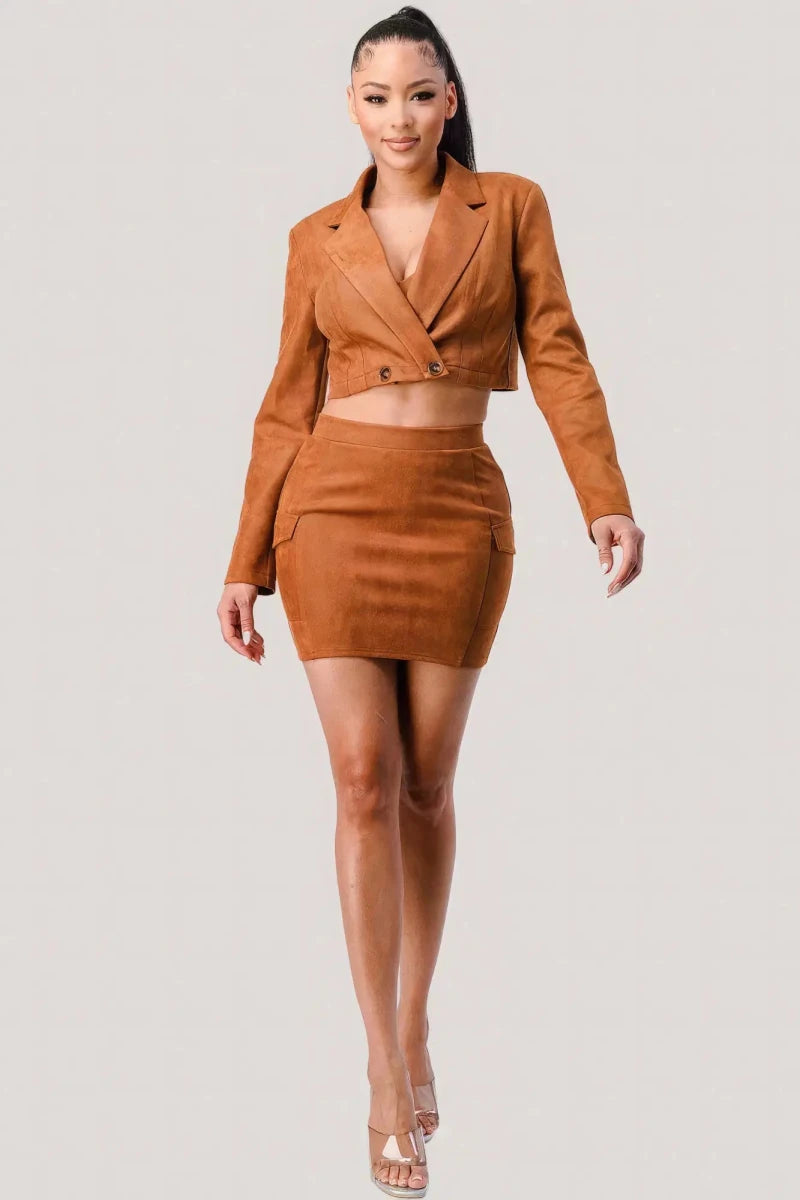 Diagonal Bralette With Cropped Blazer Jacket & Mini Skirt 3pcs Sets - Lustreve
