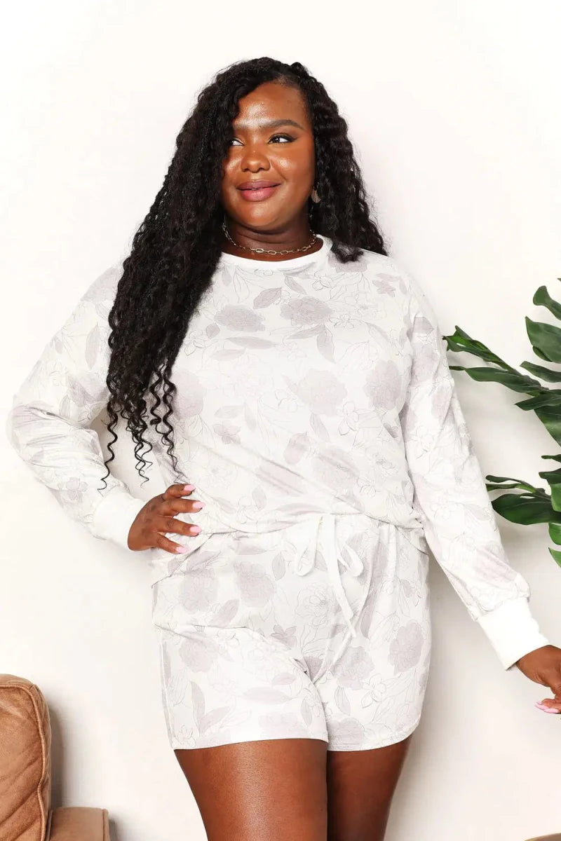 Double Take Floral Long Sleeve Top and Shorts Loungewear Set - Lustreve