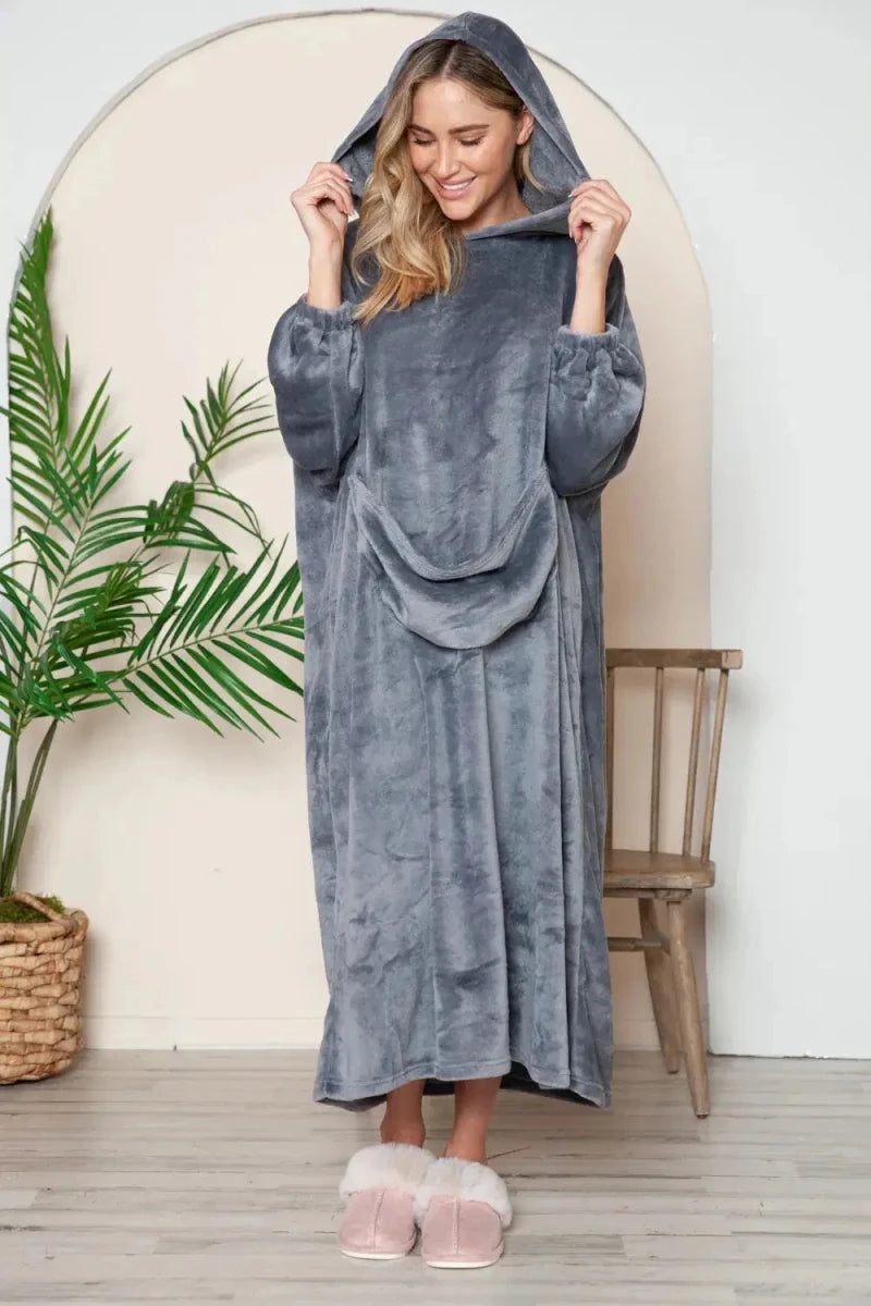 Double Take Full Size Pocketed Hooded Midi Lounge Dress - Lustreve