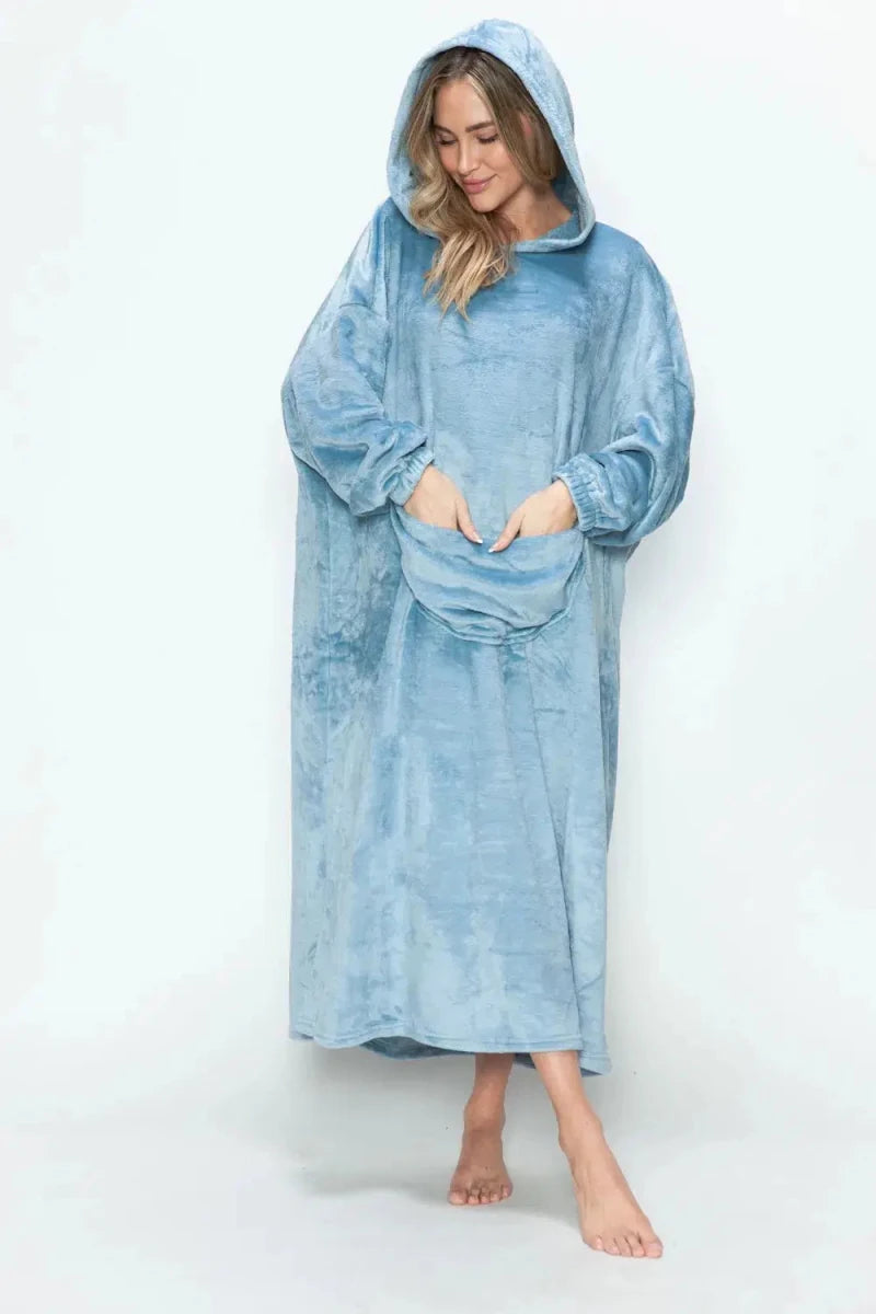 Double Take Full Size Pocketed Hooded Midi Lounge Dress - Lustreve