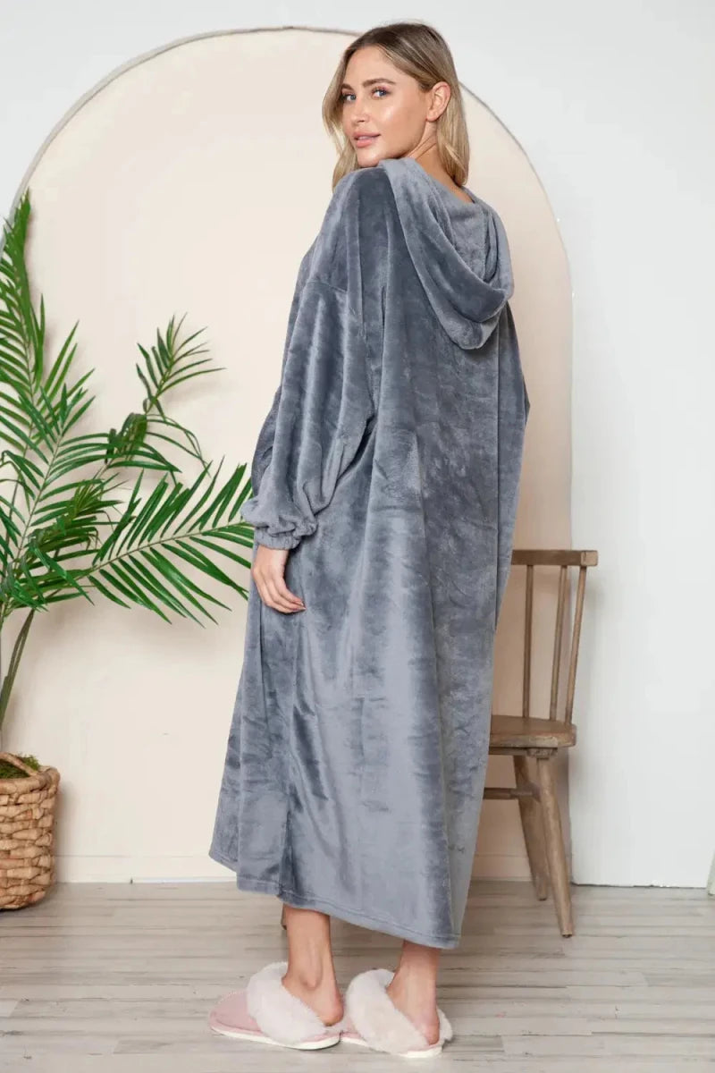 Double Take Full Size Pocketed Hooded Midi Lounge Dress - Lustreve