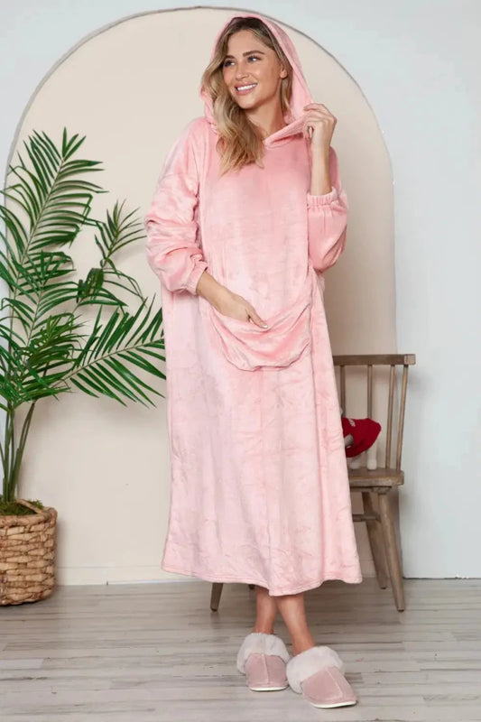 Double Take Full Size Pocketed Hooded Midi Lounge Dress - Lustreve