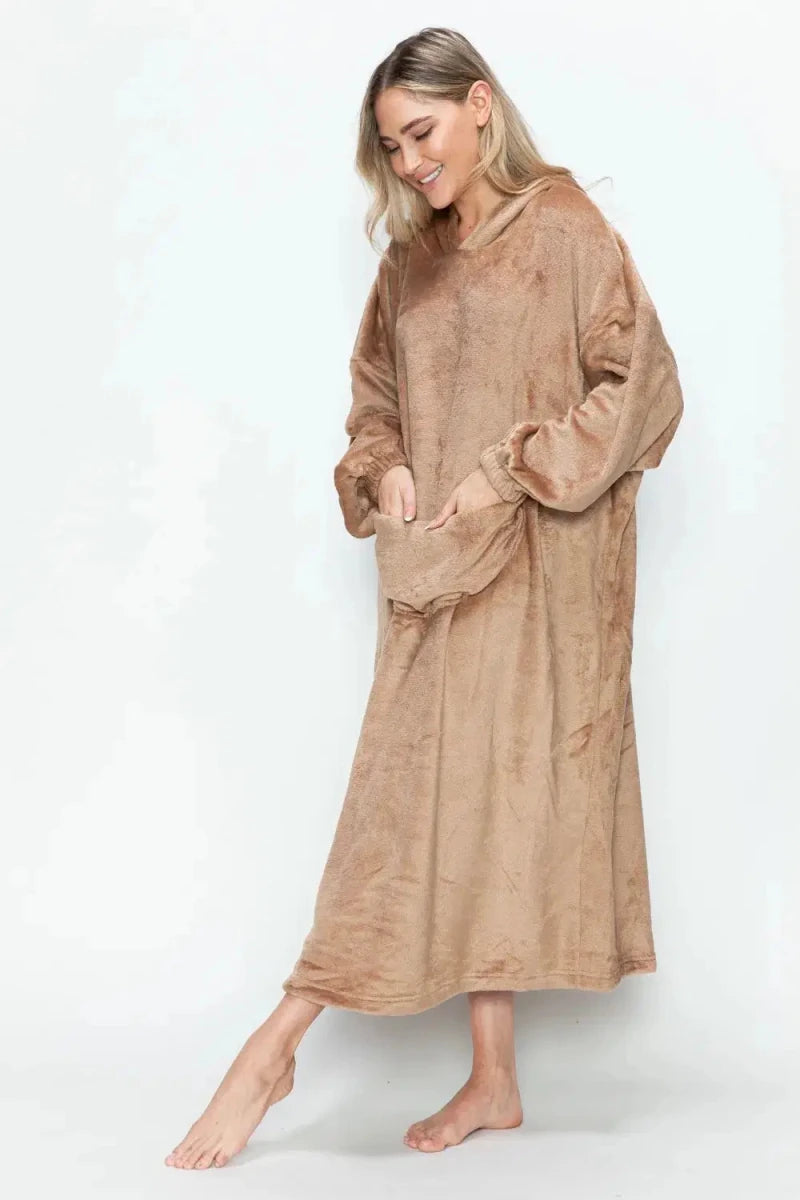 Double Take Full Size Pocketed Hooded Midi Lounge Dress - Lustreve
