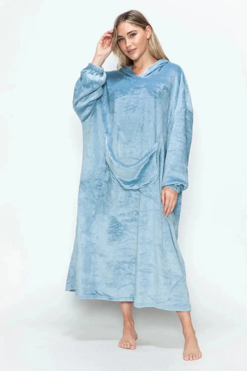 Double Take Full Size Pocketed Hooded Midi Lounge Dress - Lustreve