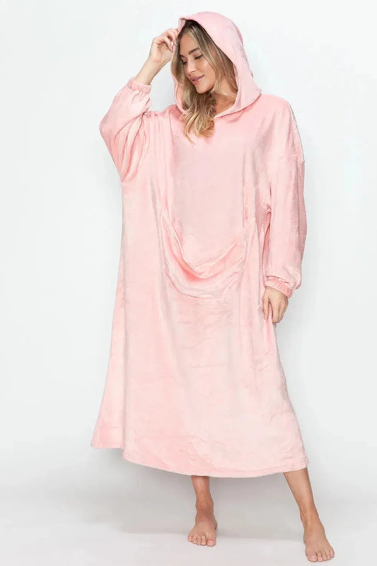 Double Take Full Size Pocketed Hooded Midi Lounge Dress - Lustreve