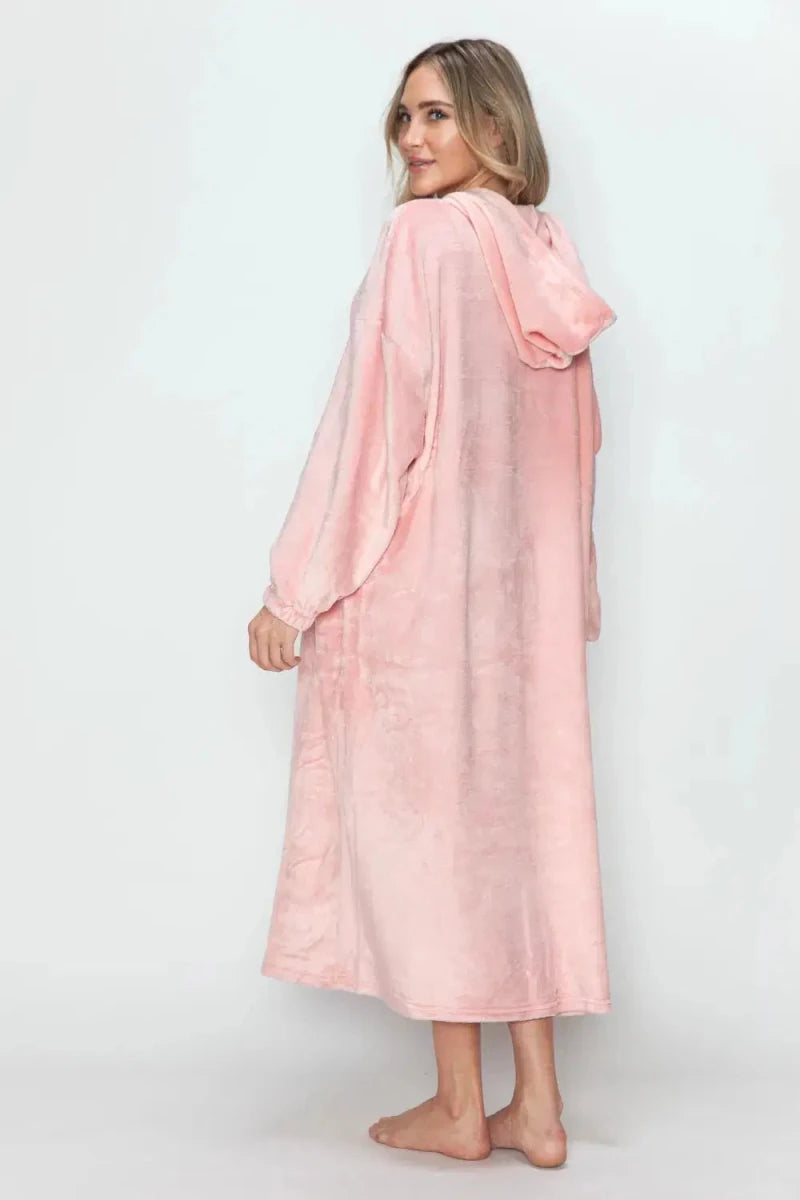 Double Take Full Size Pocketed Hooded Midi Lounge Dress - Lustreve