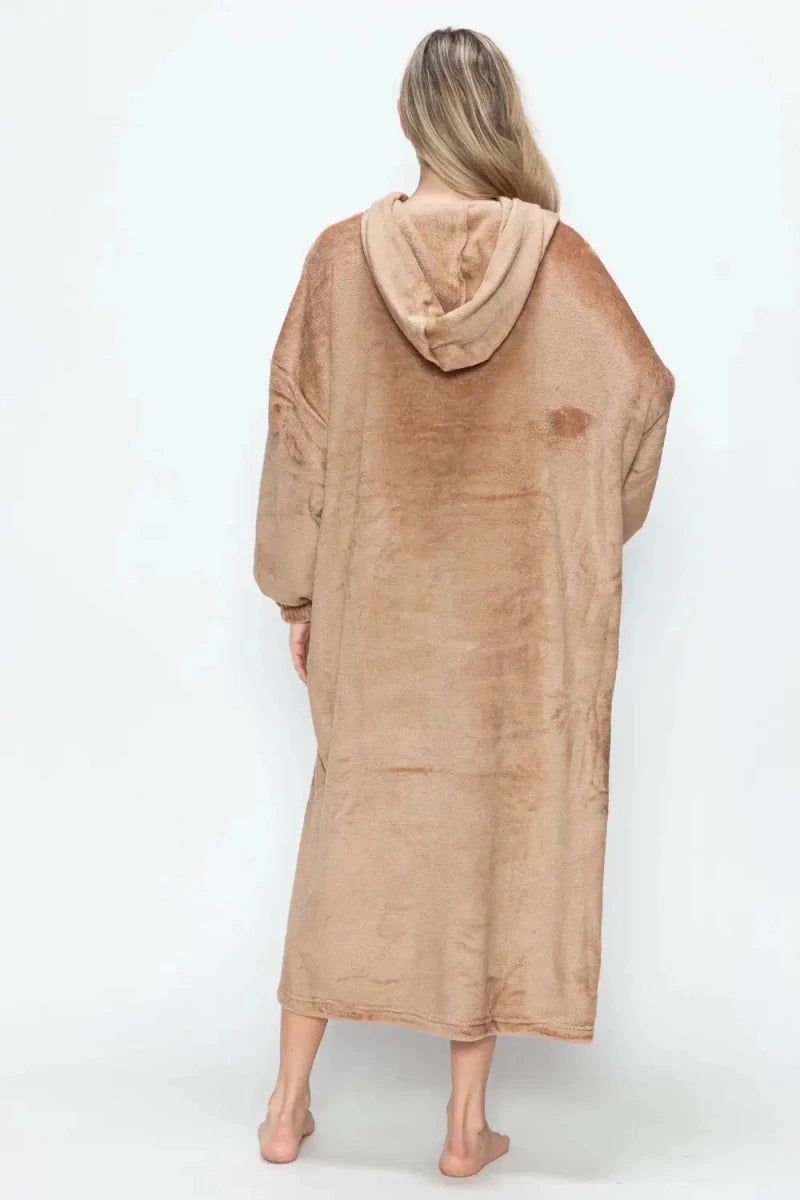 Double Take Full Size Pocketed Hooded Midi Lounge Dress - Lustreve