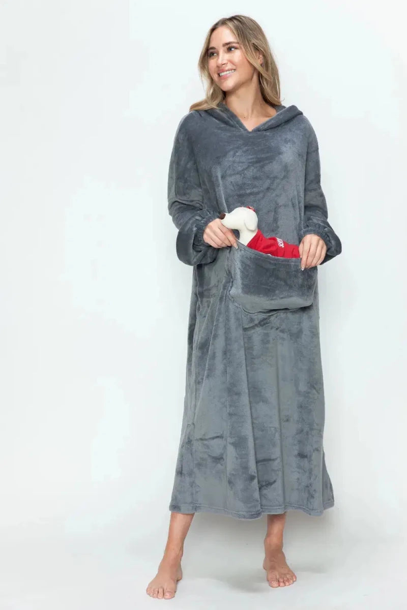 Double Take Full Size Pocketed Hooded Midi Lounge Dress - Lustreve