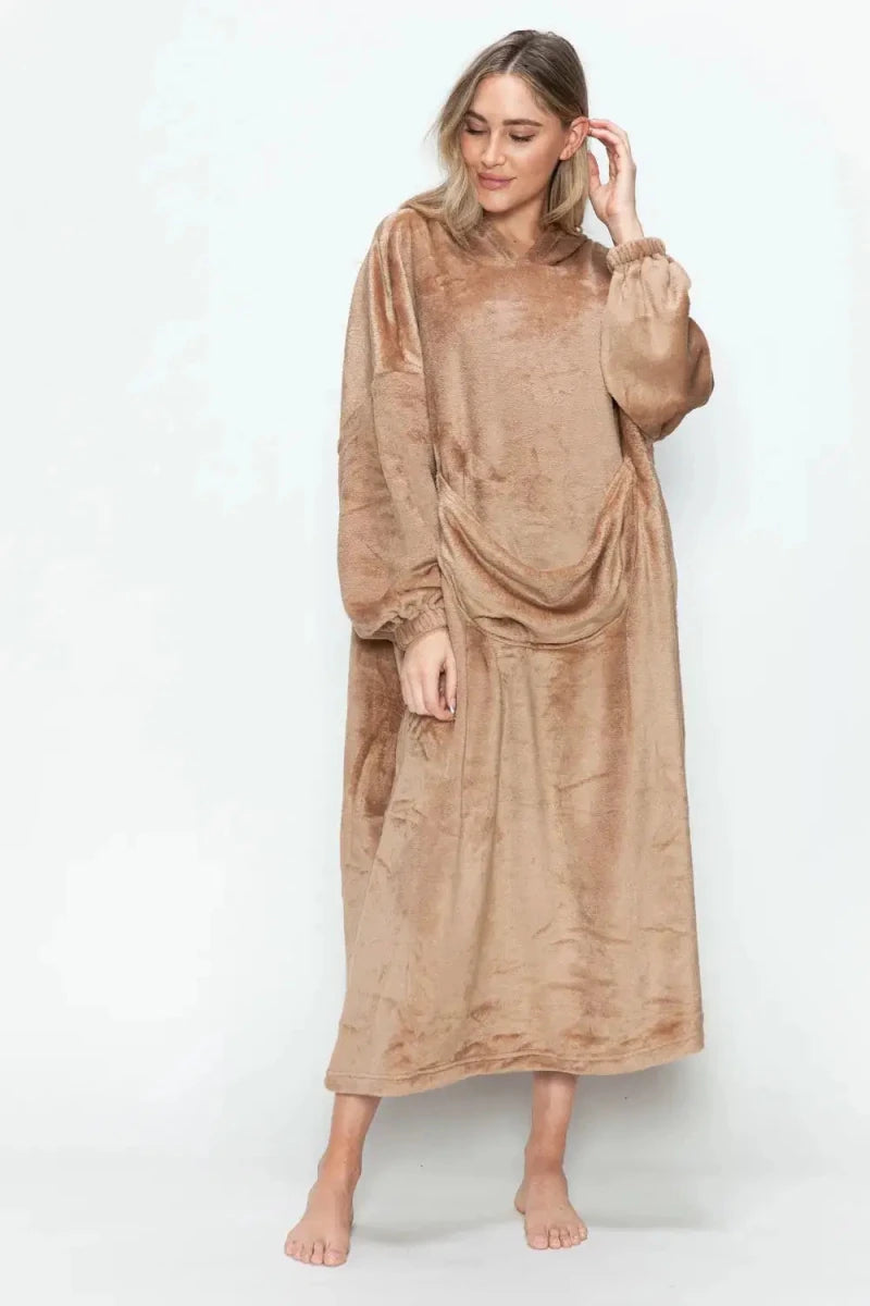 Double Take Full Size Pocketed Hooded Midi Lounge Dress - Lustreve