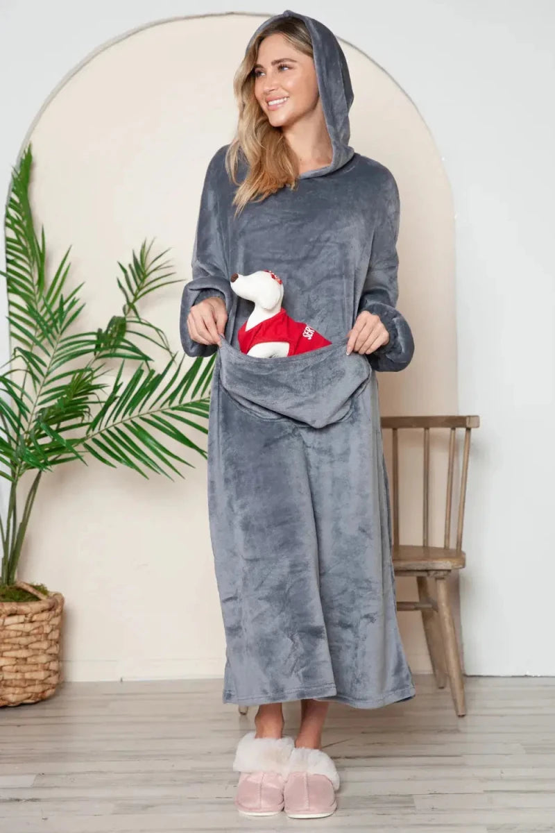 Double Take Full Size Pocketed Hooded Midi Lounge Dress - Lustreve