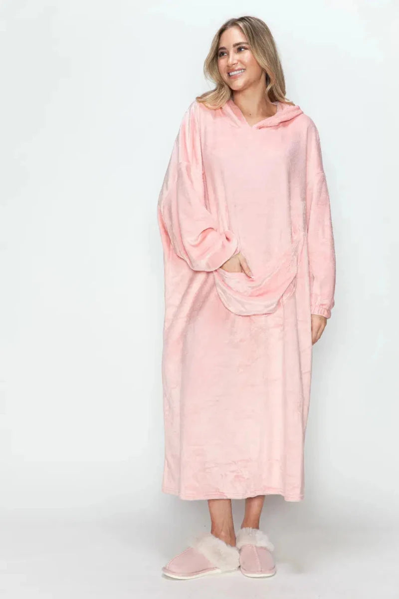 Double Take Full Size Pocketed Hooded Midi Lounge Dress - Lustreve