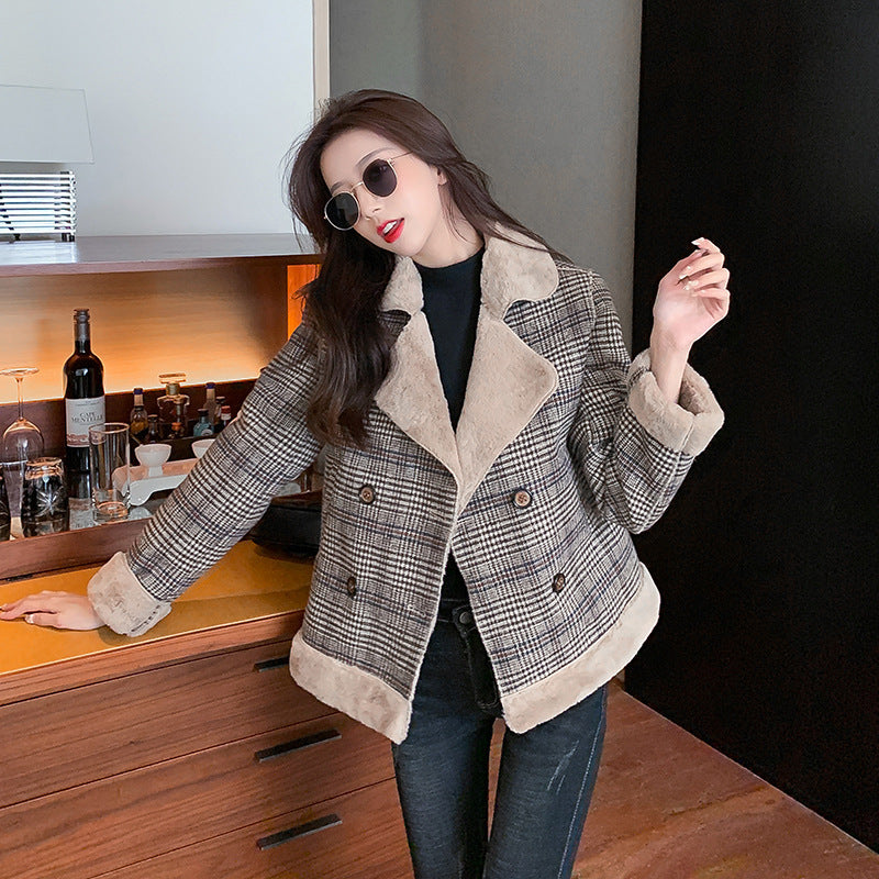 All-match Thick Plaid Woolen Fur Coat