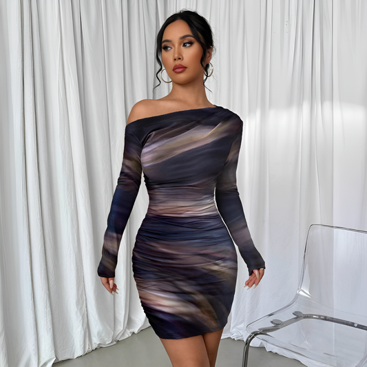 Sunset Haze Diagonal-Neck Dress