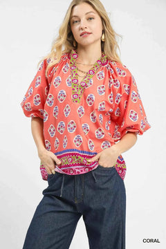 Boho Border Print Peasant Top